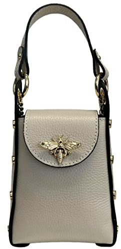 Modarno Mini-Tasche aus echtem Leder Dollar mit Karabinerverschluss in Bienenform, seitliche Nieten, abnehmbare Metallkette, Ledergriff