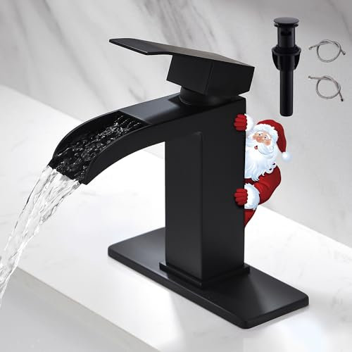 BRAVEBAR Robinet de salle de bain cascade noir – Robinet d'évier de salle de bain à poignée unique noir mat à 1 ou 3 trous | Robinet de courtoisie solide à trou unique avec plaque de pont de 15,2 cm