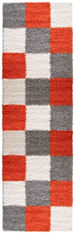 Mynes Home Hochflor Shaggy Teppich Läufer kariert orange Weiss 70x250 cm/pflegeleicher Langflor Teppichbrücke