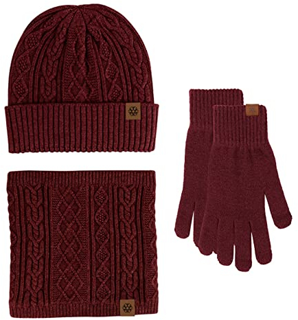 Mutze Schal Set Damen Rot, Damen Winter Warm Beanie Mütze Bommelmütze Touchscreen Handschuhe und Lange Schal Set mit Fleece Gefütterte