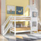 Azkoeesy 90x200 cm Letto a castello, Letto a forma di casa per bambini, con scale, con protezione anti-caduta e struttura a doghe, con corrimano e finestra, telaio in pino, max. 100 kg, bianco