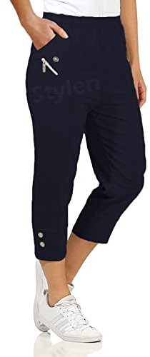 URBAN STITCH Womens Capri Trousers Ladies Three Quarter Soft 3/4 Cropped Pants UK Ladies Stretch Pull on Trousers Elasticated Waist Plus Size Summer Shorts (16, Navy Blue)