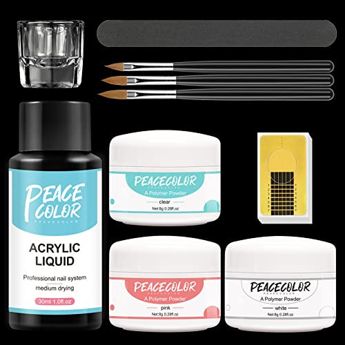 PEACECOLOR Acrylic Nail Kit for Beginners White Clear Pink Colors Acrylic Powder and Liquid Set Nail Art Brush Nail Extension Carving