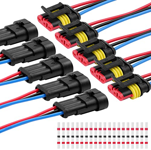 URAQT 5 Piezas de Conector Impermeable Automático, Conector de Cable de 3 Pines con 20 Piezas de Conector de Cable Sellado de Soldadura, con Arnés de Cables, Conectores Eléctricos Impermeables