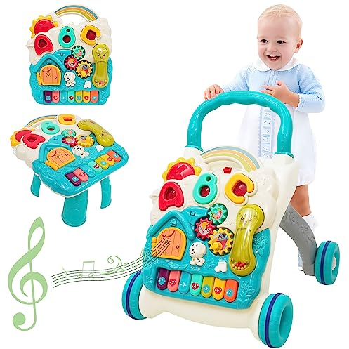 Lernlaufhilfe für Kleinkinder Blauer Kinderlaufwagen mit Rollen, Musik und Lichtern Multifunktionales pädagogisches Schiebespielzeug ab Kinder