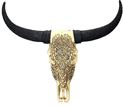 Pacific Giftware Wandrelief Rinderschädel mit Verzierungen 33 cm | Trophäe Stier Bulle Longhorn Geweih Hörner Kopf Western Deko Schädel Wand