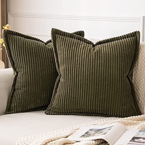 MIULEE Kordsamt Kissenbezug Weiche Kissenhülle Dekorative Sofakissen Quadratische Dekokissen Moderne Zierkissenbezug Gestreifte Kissenbezüge für Wohnzimmer Schlafzimmer 2 Stück 50x50 cm, Olivgrün