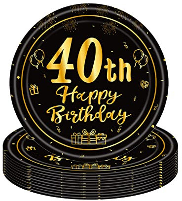 COSORO 16Pcs Black Gold 40th Birthday Paper Plates 7'', Tableware Party Plate Disposable, Happy Table Decorations Gifts for Women, Men, Ladies, Him, Her Décor
