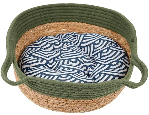 POPETPOP Wicker Cat Bed Woven Cat Bed Basket - Cat House Bed, Round Cotton Rope Woven Bed, Pet Sleeping Nest with Mat, Comfortable Pet Nest Breathable Pet Bed