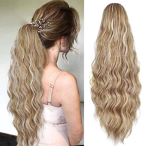 YEESHEDO Pferdeschwanz Haarteil braun mit weißblond Lange Wellig Locken Haarteil Zopf mit Kordelzug Ponytail Natürliches Kunsthaar Haarverlängerunge Extensions für Damen Afro Zopf 60cm