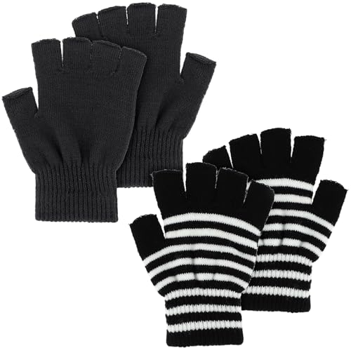 WLLHYF 2 Paar Halbfingerhandschuhe, Winter Dehnbar Gestrickt Halbfinger-Touchscreen-Fäustlinge Fingerlose Kaltes Wetter Thermisch Warm für Männer Frauen (Schwarz + Schwarz-Weiße Streifen)