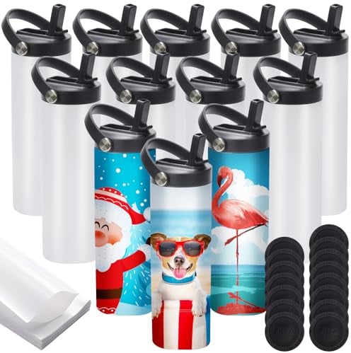 12 Pack Sublimation Tumblers Flat Edge Blanks Skinny Straight 20 oz, Stainless Steel Double Wall Insulated Water Bottles with Portable Handle & Straw Lids for Heat Transfer, White (FE-12P)