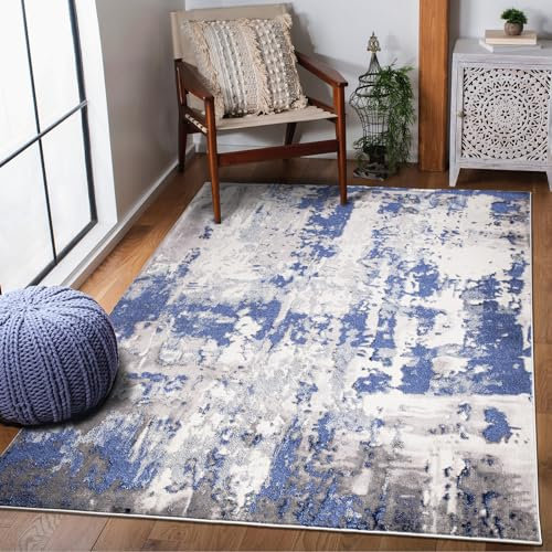 renoazul® Washable Soft Pile Turkish Mat, 120 x 170 cm, 3 ft 11 in x 5 ft 7 in, Abstract Navy, Jute Backed Unique Area Rug for Lounge, Garden, Patio, Sitting and Hall