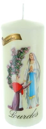 Candela religiosa cilindrica Aspetto di Lourdes e rose 15 cm - Candela devozionale - Culto cristiano in cera vegetale