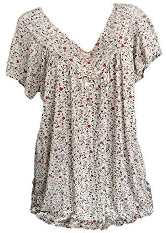 Tunika-Pullover für Damen, kurzärmelig, plissiert, Tunika, Tops, V-Ausschnitt, lockeres Swing-Shirt, dehnbar, Blumendruck-T-Shirt, Damenblusen und Hemden, eleganter Pullover in Übergröße, weiß, XXL