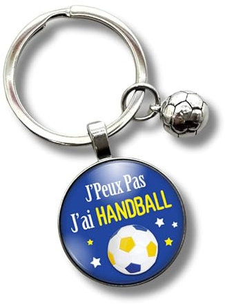 Porte-clés hand « J'peux pas, j'ai handball » avec cabochon et breloque balle – cadeau idéal pour handballer - création