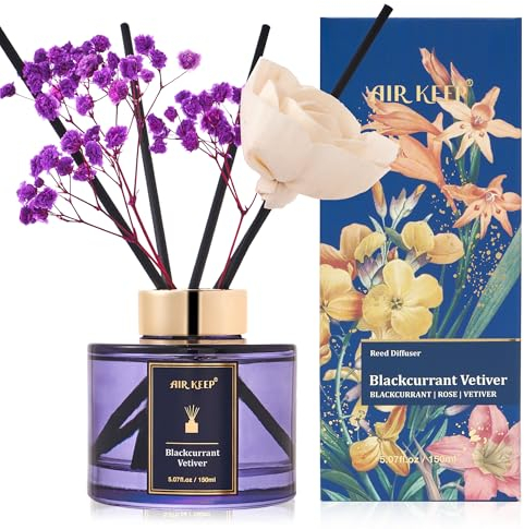 Airkeep Raumduft Blackcurrant Vetiver, Rose Reed Diffuser Set 150ml, Raumduft mit Stäbchen, Lufterfrischer Für Badezimmer, Wohnung, Heimdekoration