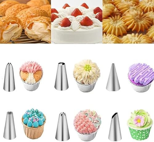8-Piece Icing Nozzles Set, 6 Stainless Steel Piping Nozzles with 1 EVA Dough Syringe and 1 Piping Nozzle Adapter, Cream Cake Icing Nozzles for Dessert Biscuits, Kitchen Accessories, Baking Tools
