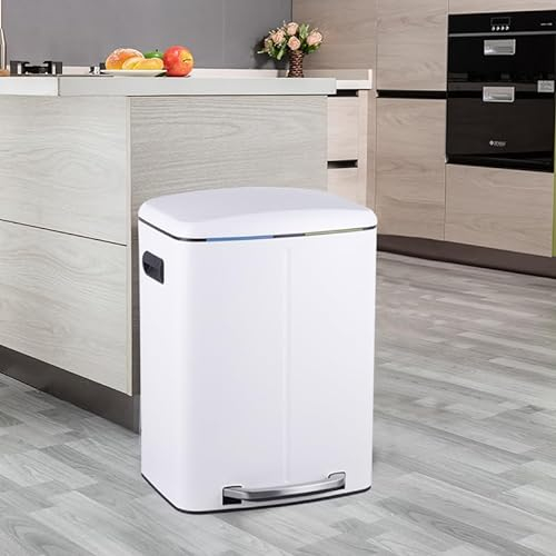STARNINE 40L Dual Compartment Recycling Bin 2 Section Stainless Steel Kitchen Bin Waste Pedal Dust Bin Soft Closing Lid Finger Print Proof Removable Inner Compartments (White)