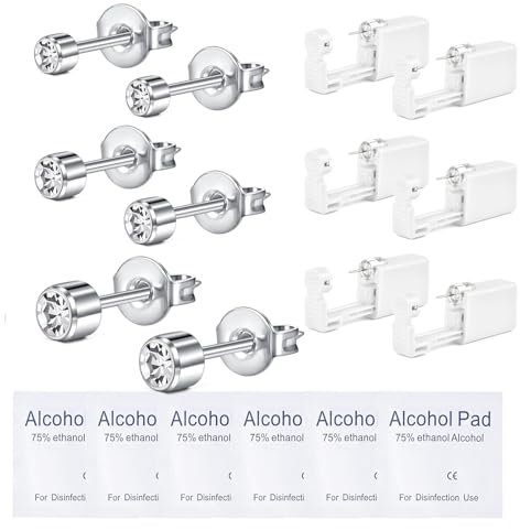 WillTen 6Pcs Ohrloch Stecher Set Mit Built-in Diamant Studs, Ohrlöcher Selber Stechen, Ohrlochpistole Piercing Pistole Silber