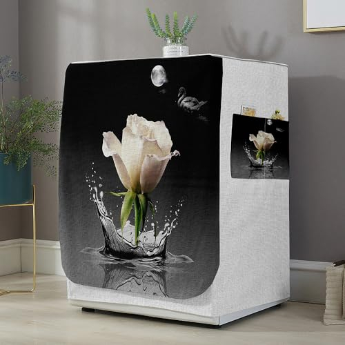 Highdi 3D Funda de Lavadora Cubierta Exterior,Adapta a la Mayoría de Lavadoras y Secadoras de Carga Frontal Protector Solar a Prueba de Polvo (L Capacidad 10.5~12 KG,Rosas Blancas)