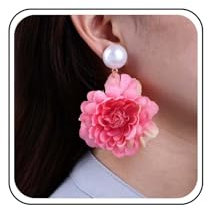 TseenYi Boho Large Fabric Flower Pearl Earrings Pink Big Flower Earrings Exaggerated Floral Petal Earrings Huge Fabric Rose Petal Drop Earrings Bridal Pearl Wedding Floral Earrings for Women