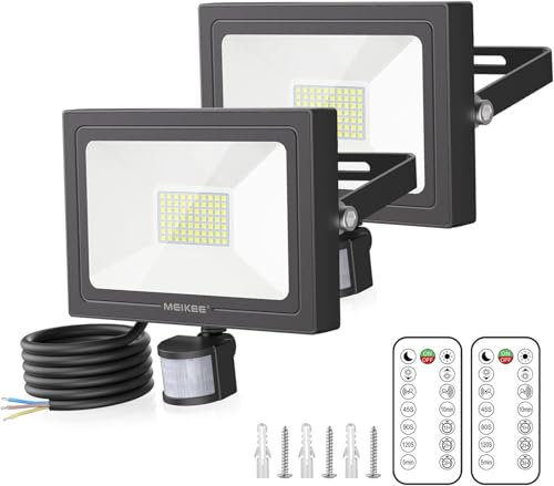 MEIKEE Security Lights Outdoor Motion Sensor 60W 5200 Lumen Outdoor PIR Lights with Sensor & Remote Control Adjustable 12m Sensing Distance Dimmable IP66 Waterproof for Garden Garage Forecourt 2 Pack