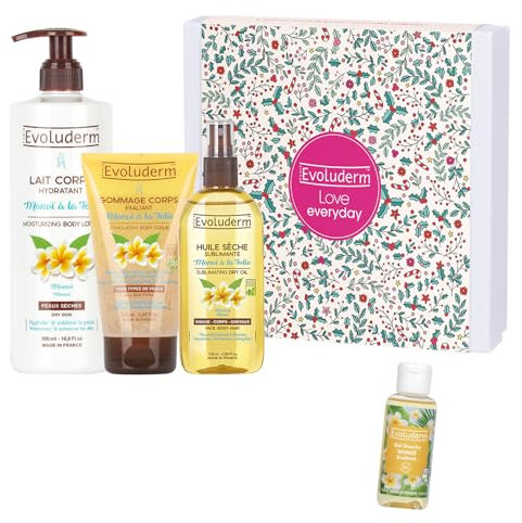 EVOLUDERM – Coffret Bain - Soins Corps - Monoï de Tahiti - 3 Produits + Gel Douche 100 ml OFFERT - Ingrédients d'Origine Naturelle - Végan - Idée Cadeau - Coffret cadeau (Cocooning)