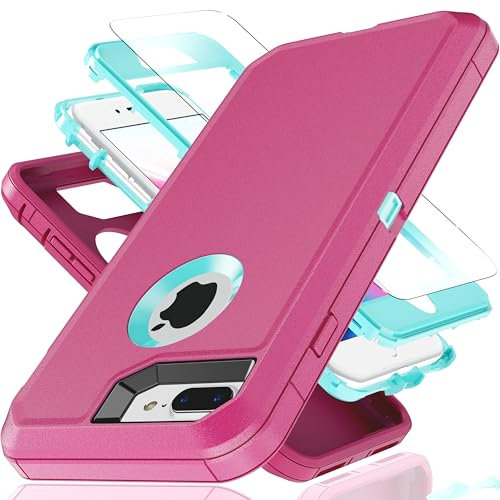 YmhxcY for iPhone 8 Plus Case iPhone 7 Plus Case 5.5-Inch with Explosion-Proof Screen Protector,3 in 1 Shockproof TPU Hard PC Bumper Drop-Proof Shell for iPhone 7+/8+-Red/Blue