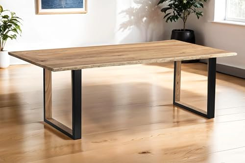 SAM Baumkantentisch 300 x 100 cm Brisbane, Akazienholz massiv + naturfarben, Esstisch mit schwarzem U-Gestell aus Metall + Holz-Inlet Innen, echte Baumkante, pflegeleichter Esszimmertisch