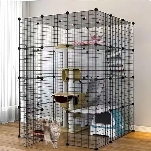AUTO HIGH 4-stöckiger großer Katzenkäfig mit 5 Türen, 3 Leitern für 1–4 Katzen, DIY-Catio-Katzengehege, Innen-Metalldraht, Abnehmbarer Katzenkäfig, Laufstall, 105 x 105 x 140 cm, Katzenkäfig, schwarz