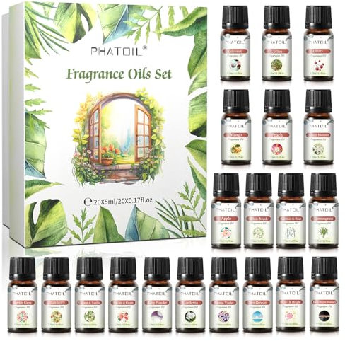 PHATOIL Kit Huiles Essentielles 20 Pcs, Huile Essentielle pour Diffuseur Aromathérapie, Huile Parfumée Coco & Vanille, Musc Blanc, Fleur d' Oranger, Poudre de Talc, Fraise, Cerise, Mangue