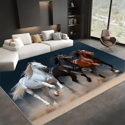 Teppich Wohnzimmer 60 x 90 cm, Waschbar Pferd Mit Tiermuster rutschfest Teppich, Cartoon Pferd Dekorieren Schlafzimmer Weich Teppiche für Wohnzimmer, Schlafzimmer und Flur