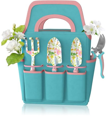 6-teiliges Gartengeräte-Set, Garten-Handwerkzeuge aus Aluminiumlegierung Starter-Kit mit Gartentasche, Robustes Outdoor-Werkzeug-Set mit ergonomischem Griff, Garten-Geschenke (Blumenmuster)