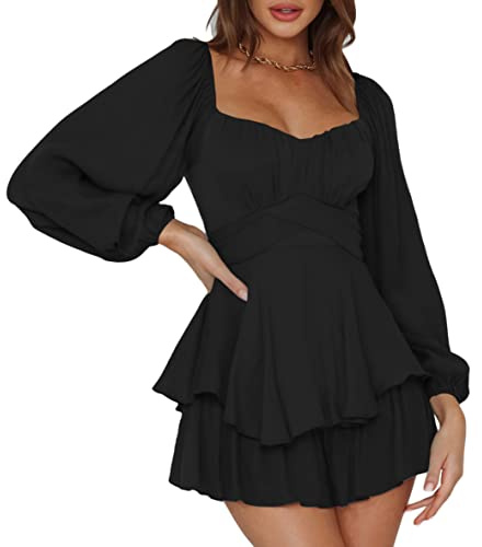Pink Queen Damen Boho Jumpsuit Laterne Langarm Rüschenschicht Fliege Rücken Taille Mini Kleid Kurzer Strampler Schwarz L