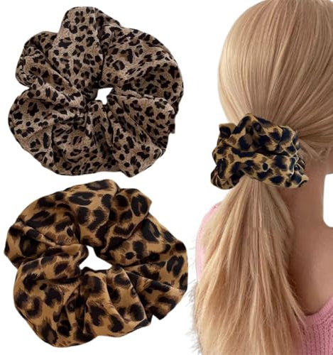 2 Stück scrunchies, haargummi, Haargummi Schwarz & Leopard, haargummis für Mädchen & Damen, seiden scrunchie, seide haargummi