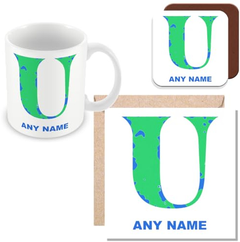 MUGGZ - Personalised - Unique Alphabet Name Mug - Mug, Lagre Greetings Card and Coaster Set - Add Name Text - Giftset - Made in The UK