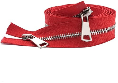 ZIPZSY #5 Cerniera per cappotto separato a doppia via, argento, metallo, per cappotti e pelle, artigianato da cucito, apertura a doppia cerniera (rosso, 100 cm)