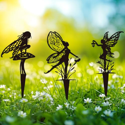 3 Pieces Metal Flower Fairy Garden Stakes Decoration Outdoor Fairy Yard Plaque Sign Decorations Ground Placard Metal Silhouette Patio Sign For Lawn Planter Outdoor Fence
