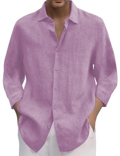 Camicia in lino, da uomo, a maniche corte, in lino, tinta unita, traspirante, per il tempo libero, casual, vestibilità normale, leggera, traspirante, in lino, R Viola chiaro, 3XL