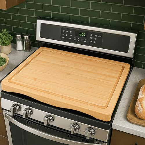Savieva Bamboo Stove Top Cover,Large Cutting Board with Adjustable Non-Slip Feet & Juice Groove,75x 53.5 x 7.5 cm,Multi-Use for Kitchen,Bread,Pizza,Fruit,Defrosting,Gas Hob Cover&Durable Wooden Board