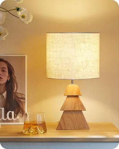GOEBLESON Small Table Lamp, Wood Desk Lamp with Tree-Shaped Base & Linen Lampshade, Bedside Lamp with Cable, E27 Base, 2700K LED Bulb Included, for Living Room, Bedroom, Beige and Natural ZME08TLK05N1