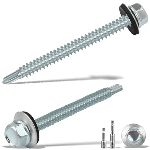 sturiz 100 tornillos autoperforantes de 4,8 x 55 mm para tornillos de techo de metal con arandelas de goma, tornillos autorroscantes de cabeza hexagonal y 2 tornillos hexagonales M8, fijaciones de