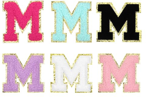 sourcing map Chenille Letter Patches 3.3 Alphabet M Iron on Embroidered Patch Sew on Letter Stickers Applique for Repairing Clothing Jeans Shoes Hats DIY(Multicolored, Pack of 6)