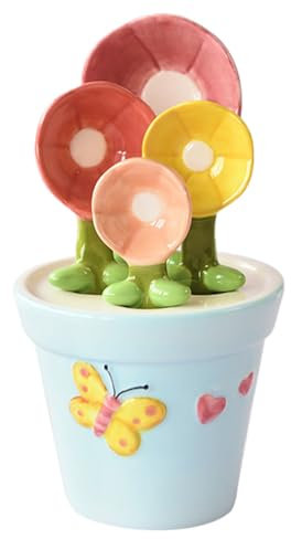 Disposable Dinnerware Set 1 Set Flower Measuring Spoons Ceramic Cactus Tool in Pot Decorative Floral Pot Measuring Tools and Cup Kit Cute Utensils for Home Blue， Cup in (Light Blue, 13X7. 8X7. 8cm)
