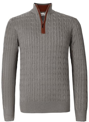 Atforna Herren Stehkragen Pullover Strickpullover Winter Half Zip Pullover Troyer Herren Langarm mit Reißverschluss Zopfmuster Rippen Bündchen, Grau, L