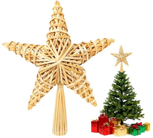 Shyllin Etoile Sapin de Noel Bois (30,5 x 20 cm), étoile en Paille Naturelle Faite à la Main pour Décorer Le Sommet du Sapin, Cimier de Sapin de Noël pour Décorer Le Sommet, Christmas Tree Topper