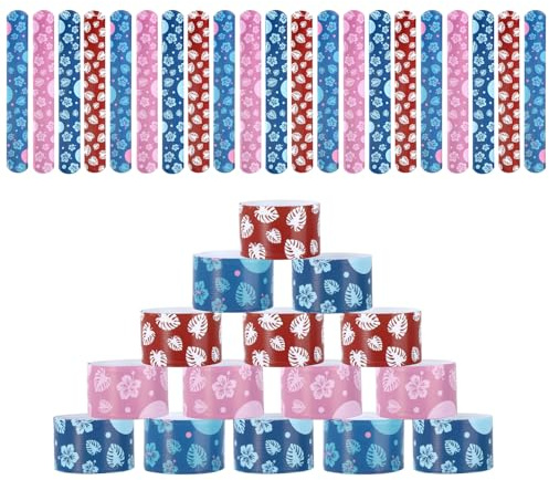 SAVITA 36pcs Bracelets Mignons Dessin Animé Bleu Rose Hibiscus, Bracelets à Claques Thème Hawaïen pour Cadeaux d'Anniversaire Prix de Classe Fournitures de Carnaval (4 Couleurs)