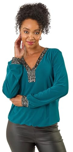 Roman Petite Sequin Trim Blouson Top for Women UK - Ladies Everyday Autumn Winter V-Neckline Comfy Soft Evening Vacation Work Party Night Out - Petite Teal - Size 18