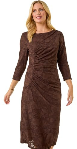 Roman Originals Ruched Waist Dress for Women UK Ladies Side Pleat Winter Autumn Textured Fitted Shift Pencil Smart Lined Stretchy Jersey Work Knee Length Round Neck - Petite Chocolate - Size 12